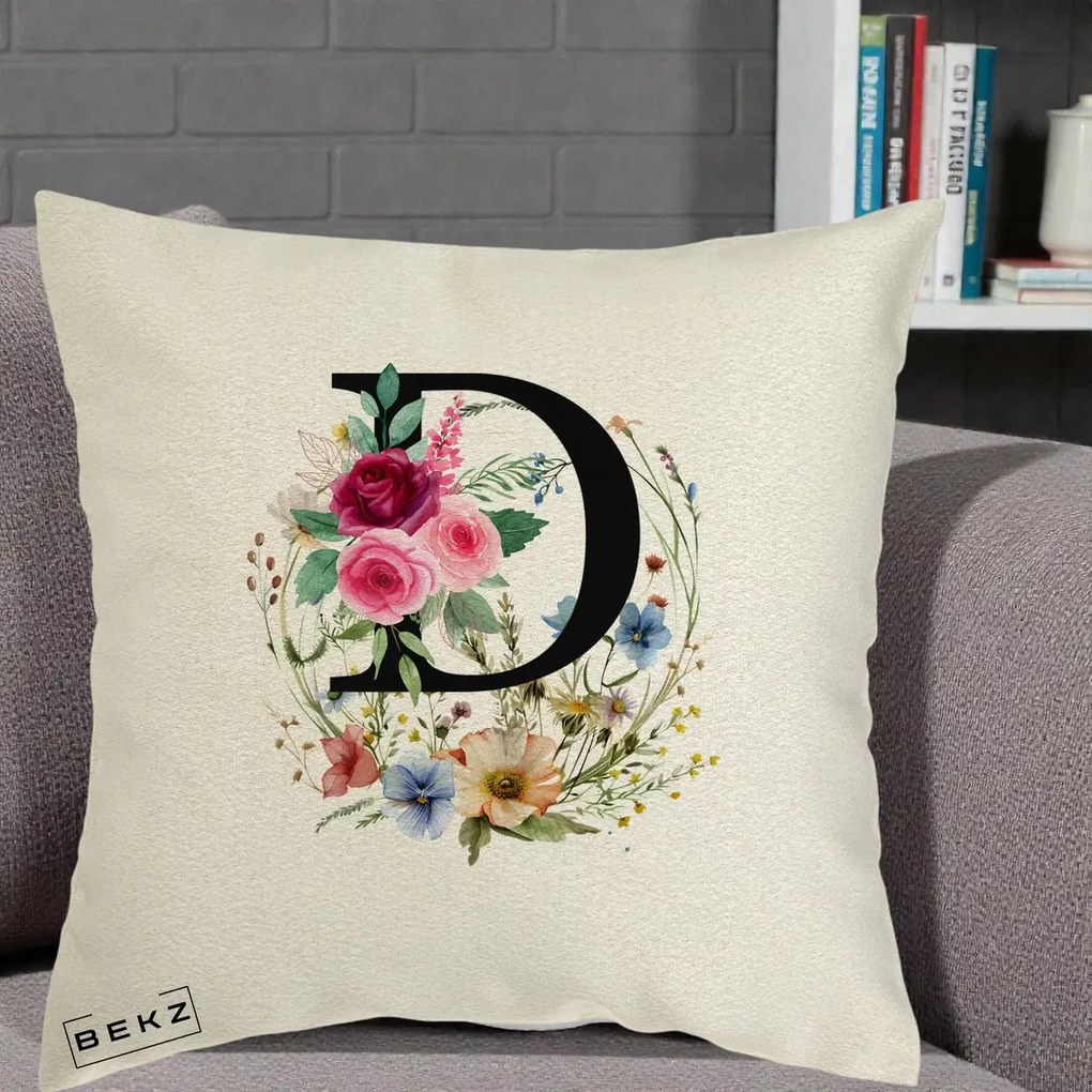 Cadou Personalizat - Perna Personalizata Monogram Litera D cu Flori Acuarela, 40x40 cm, Ecru, Husa Detasabila, Perna Inclusa, BEKZ®