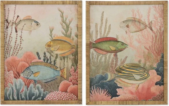 Set 2 tablouri decorative cu motive marine și ramă din sticlă și rattan, 55×2,5×70 cm, „Fondo Marino"
