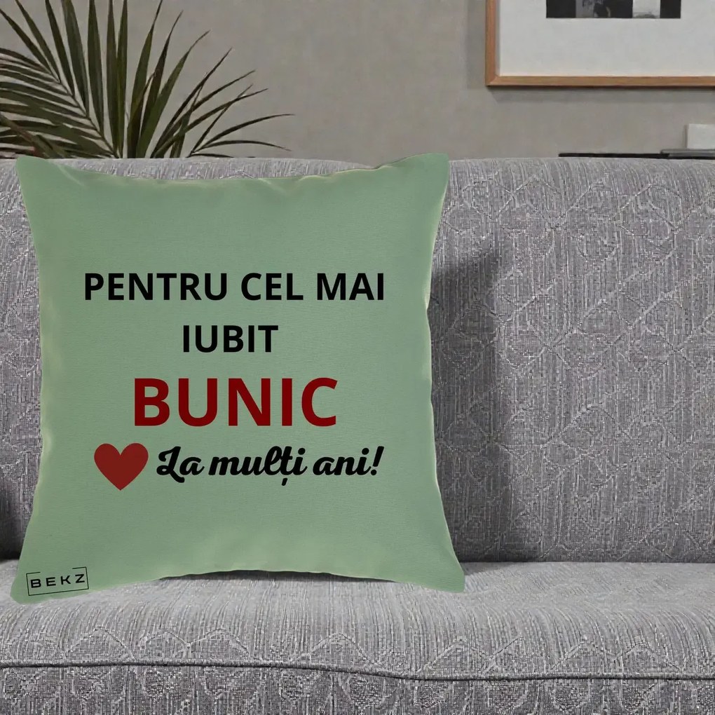 Cadou pentru Bunic - Perna Personalizata Pentru Cel Mai Iubit Bunic La Multi Ani Rosu, 40x40 cm, Verde, Husa Detasabila, Perna Inclusa, BEKZ®