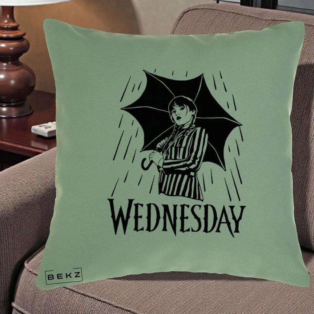 Perna Personalizata Wednesday cu Umbrela Ploaie Lineart, 40x40 cm, Verde, Husa Detasabila, Perna Inclusa, BEKZ®