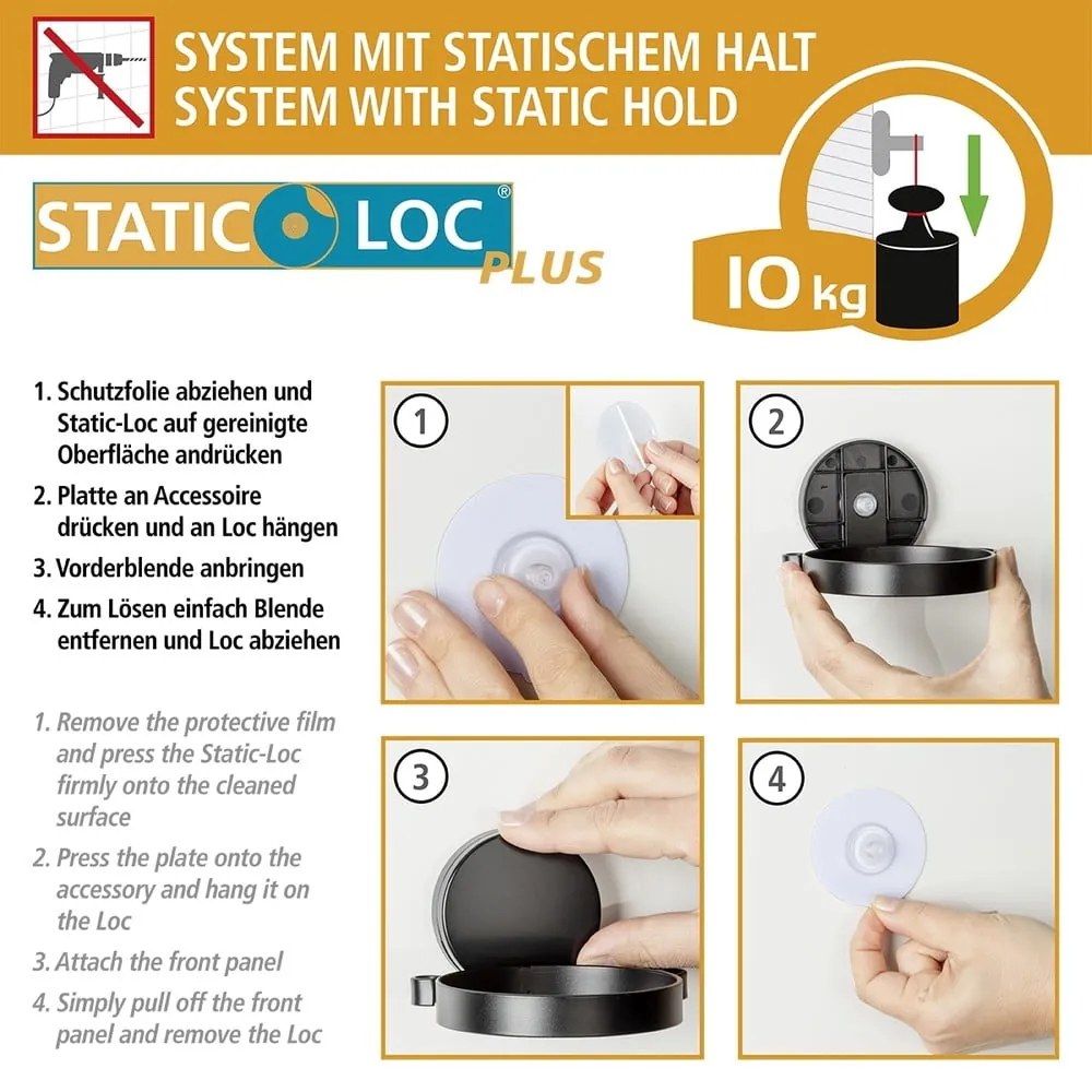 Suport de perete pentru perie WC Wenko Static-Loc® Plus, alb-negru
