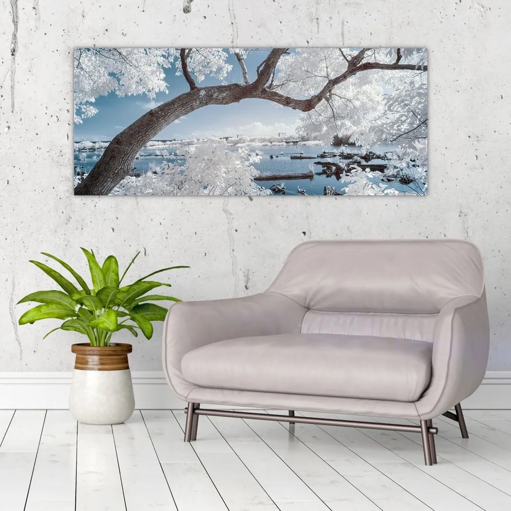 Tablou cu copac înzăpezit lângă apă (120x50 cm)