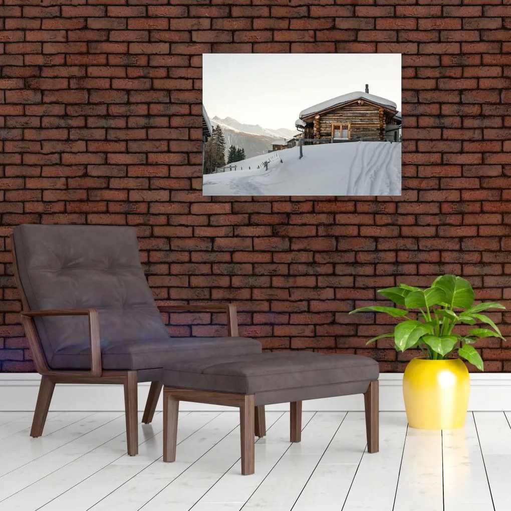 Tablou pe sticlă - cabana montană în zăpadă (70x50 cm)