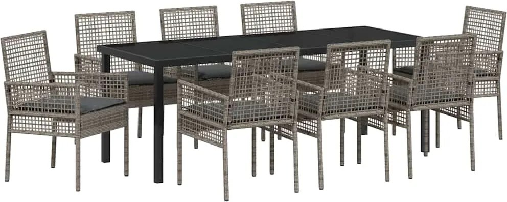 vidaXL Set de masă pentru grădină cu pernă 9 pcs Gri poliratan