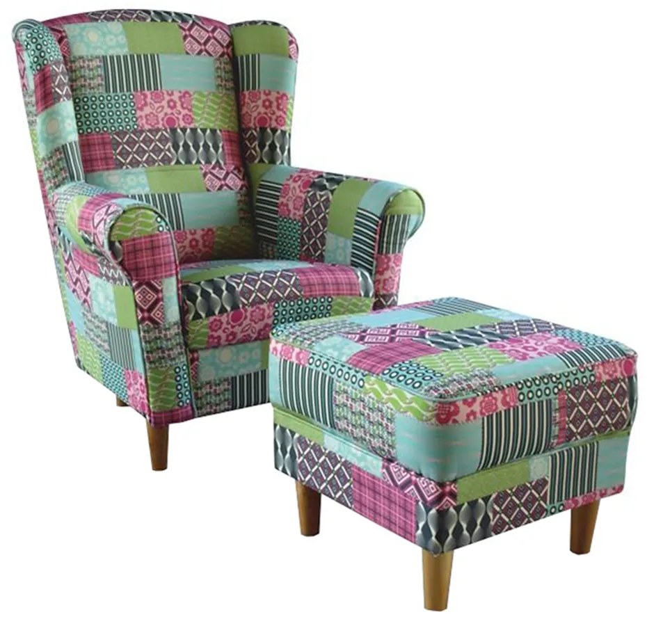 Fotoliu cu taburet, material textil în stilul patchwork M1, ASTRID