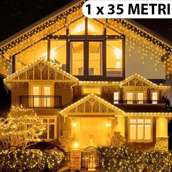 Instalatie de Craciun, franjuri cu flash, cu led tip turturi, fir gros, exterior, alb cald, 1 x 35 m