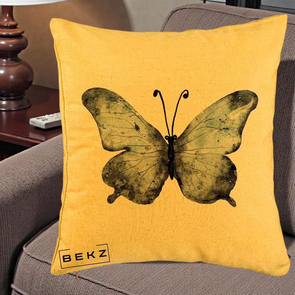 Perna Decorativa Fluture Acuarela Albastru-Gri, 40x40 cm, Galben, Husa Detasabila, Perna Inclusa, BEKZ®