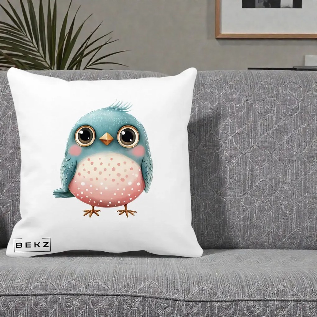 Perna Decorativa Pasare Teal-Roz cu Pete, 40x40 cm, Alba Mata, Husa Detasabila, Perna Inclusa, BEKZ®