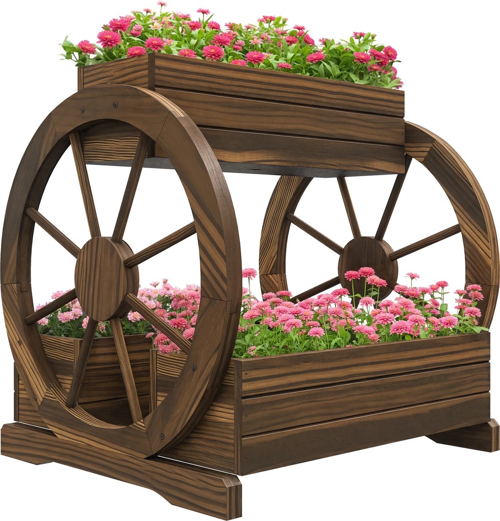 Outsunny Pat de Gradină Înălțat pe 2 Nivele, Jardiniere Căruță din Lemn Finisaj Carbonizat cu Orificii de Drenaj pentru Legume, Flori | Aosom Romania