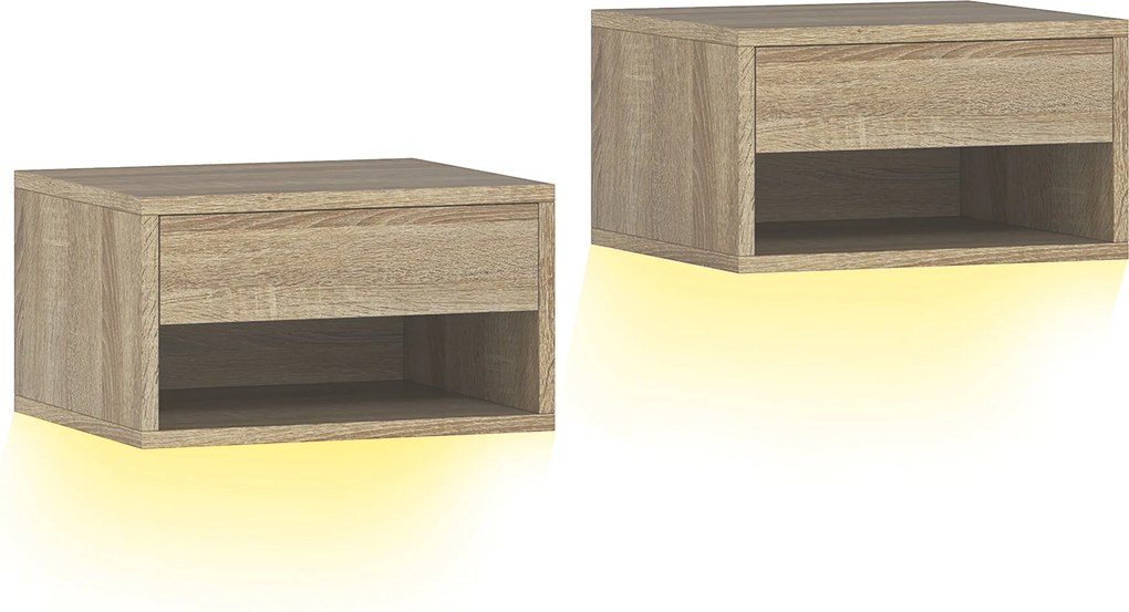 HOMCOM Set 2 Noptiere Suspendate cu LED Integrat și Reglabil prin Aplicație, Sertar și Raft, 37x32x21 cm, Nuanță de Lemn | Aosom Romania