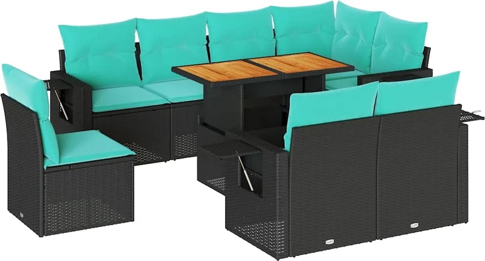 vidaXL Set mobilier de grădină cu perne, 9 piese, negru, poliratan