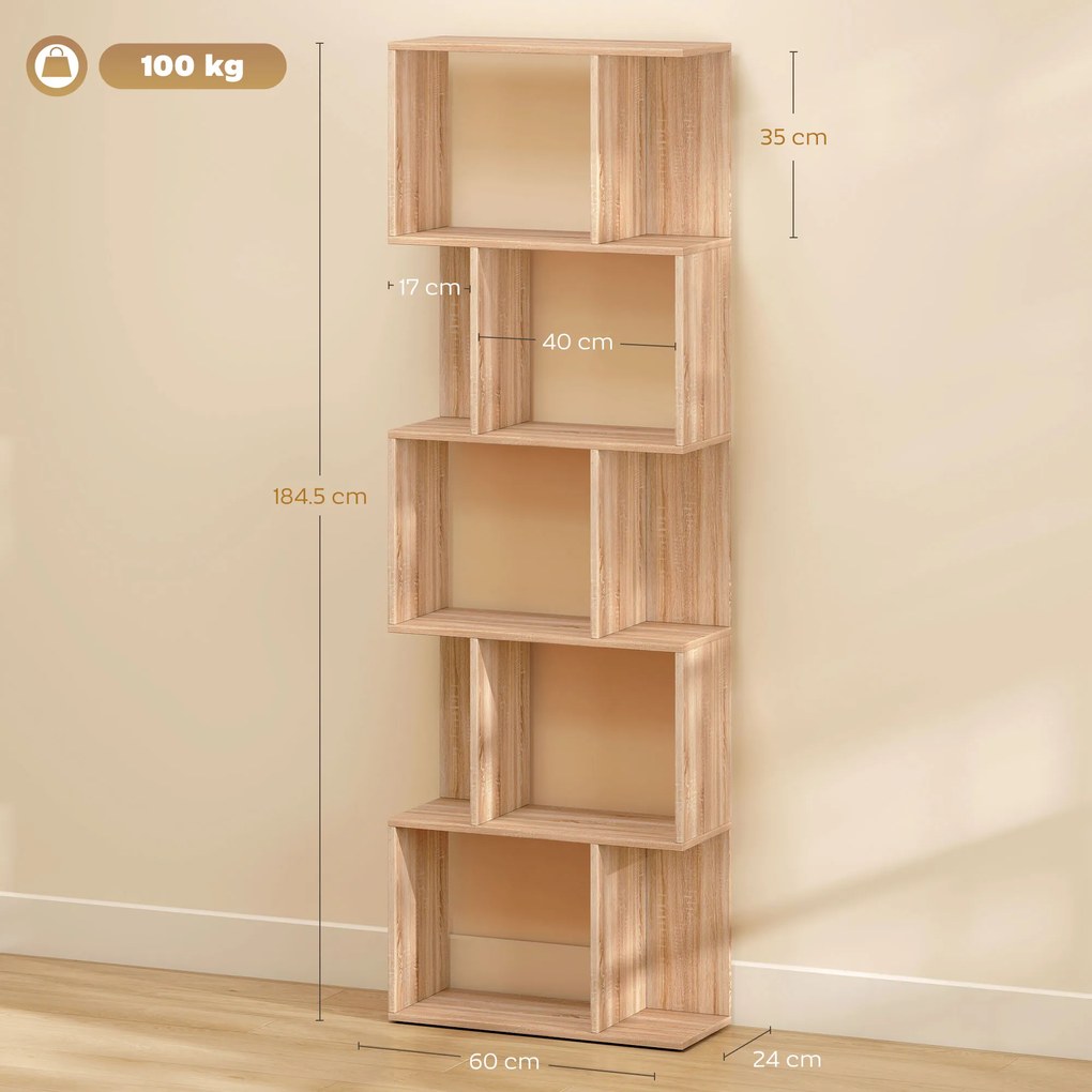 HOMCOM Bibliotecă cu 5 Rafturi Separate cu Spațiu de Economisire în Formă de S din Lemn, 60x24x184,5 cm, Lemn Natural | Aosom Romania