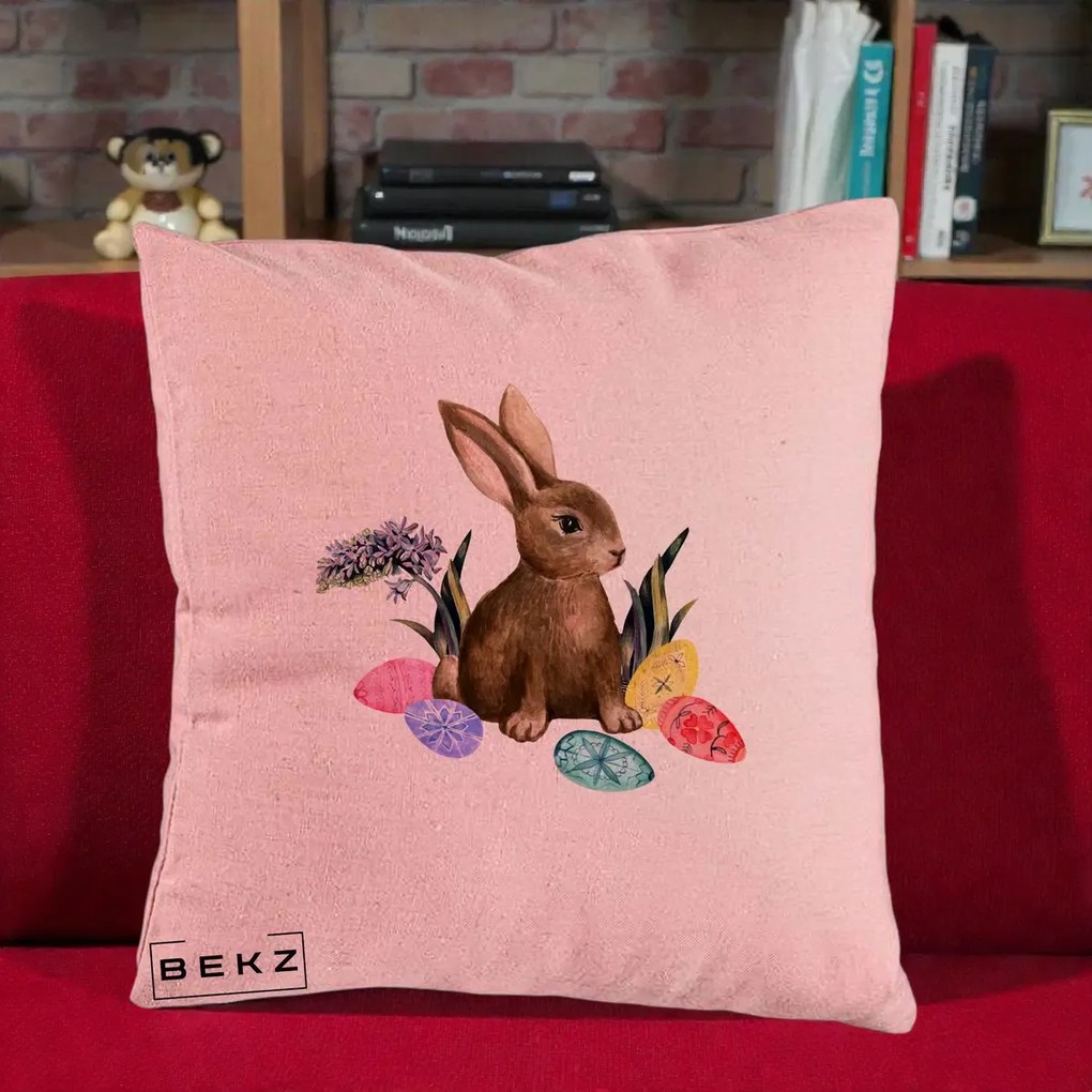 Perna Decorativa Iepuras cu Oua de Pasti Acuarela, 40x40 cm, Roz, Husa Detasabila, Perna Inclusa, BEKZ®