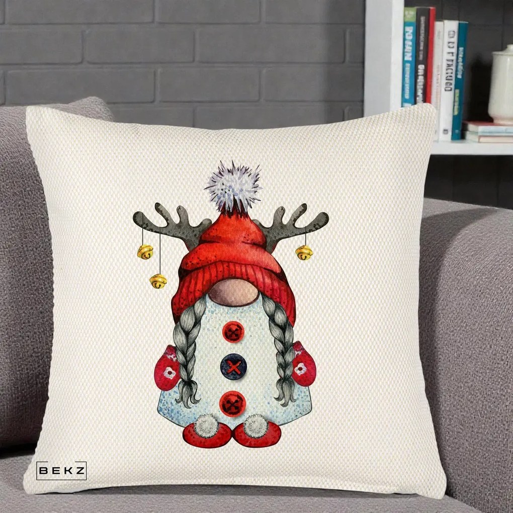 Perna Decorativa Pitic Gnom Craciun cu Coarne de Ren, 40x40 cm, Crem Reliefat, Husa Detasabila, Perna Inclusa, BEKZ®