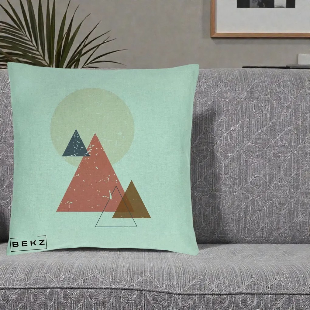 Perna Decorativa Geometric Munti si Soare, 40x40 cm, Verde Menta, Husa Detasabila, Perna Inclusa, BEKZ®
