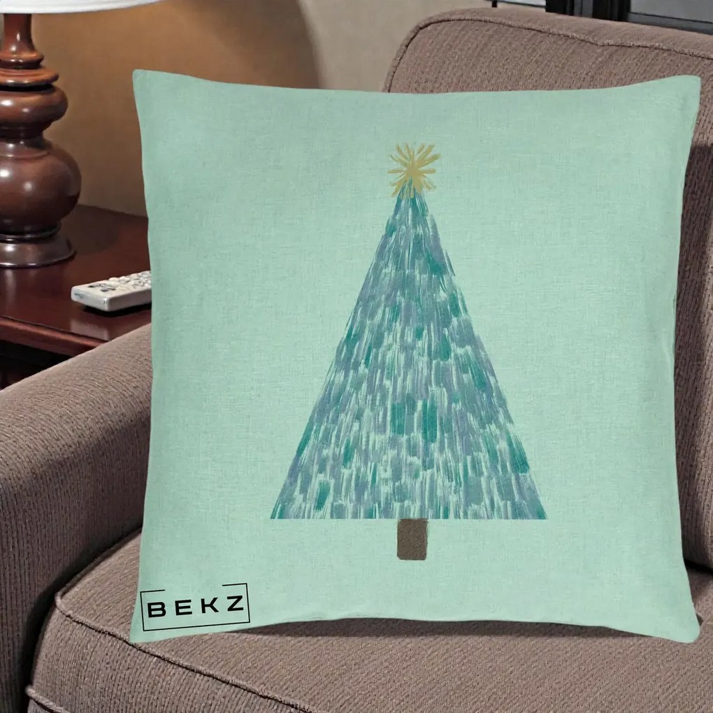 Perna Decorativa Brad de Craciun Acrilic Albastru, 40x40 cm, Verde Menta, Husa Detasabila, Perna Inclusa, BEKZ®