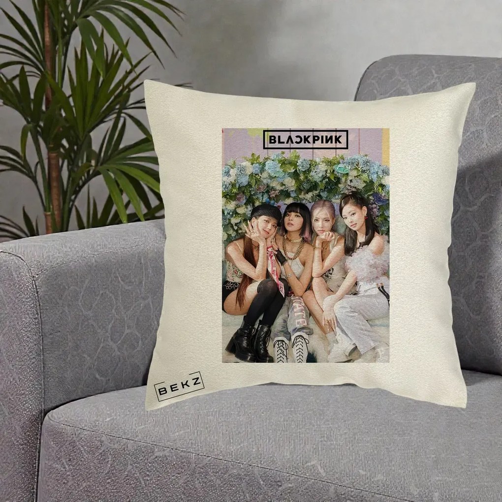 Perna Personalizata K-pop BLACKPINK Foto Grup, 40x40 cm, Ecru, Husa Detasabila, Perna Inclusa, BEKZ®