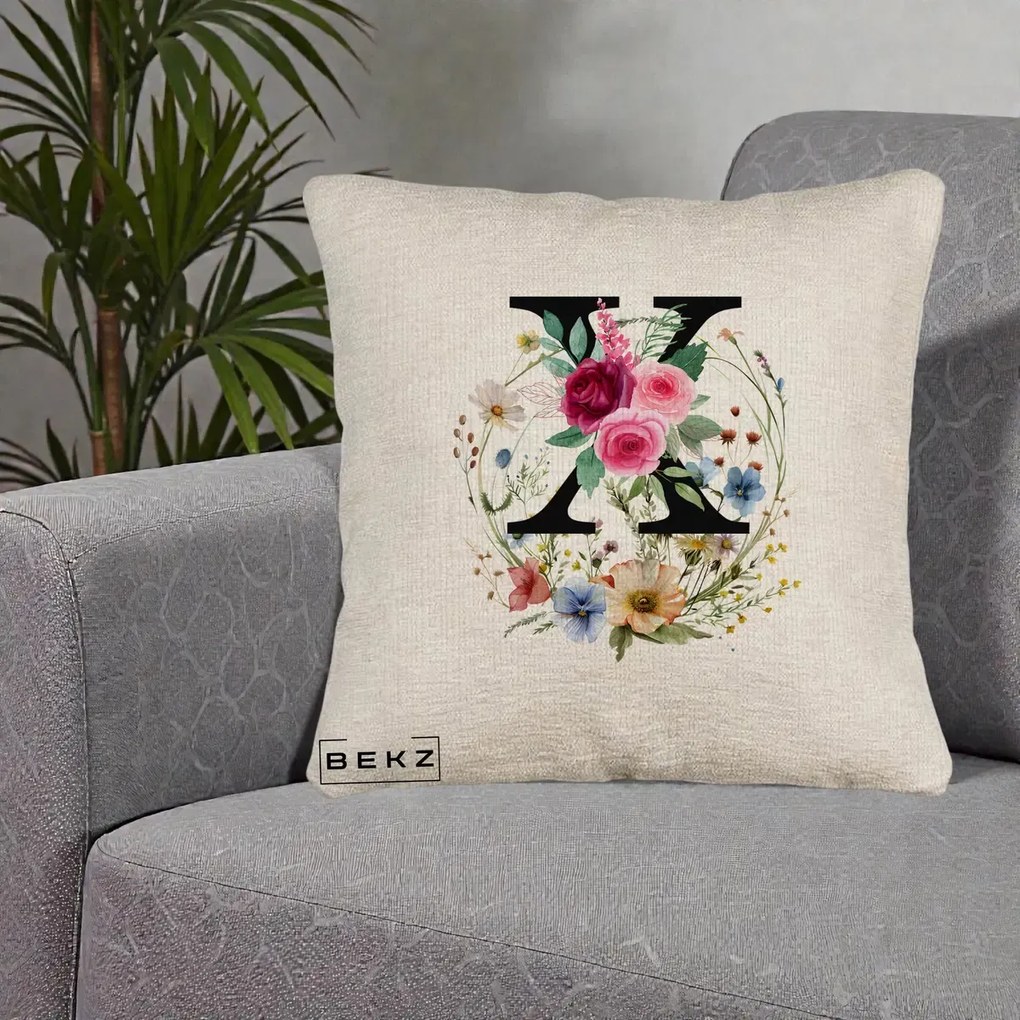 Cadou Personalizat - Perna Personalizata Monograma Florala Litera X cu Coroana, 40x40 cm, Bej Canapea, Husa Detasabila, Perna Inclusa, BEKZ®