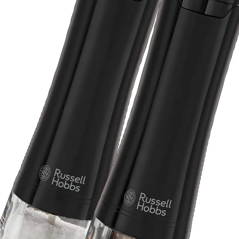 Moara electrica de sare si piper Russell Hobbs Black 28010-56, Mecanism ceramic, LED, Negru