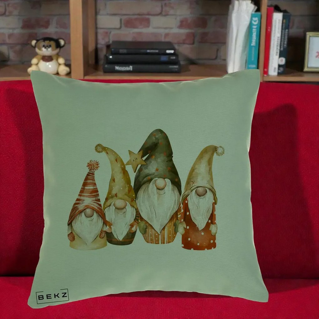 Perna Decorativa Gnomi de Craciun Patru, 40x40 cm, Verde, Husa Detasabila, Perna Inclusa, BEKZ®