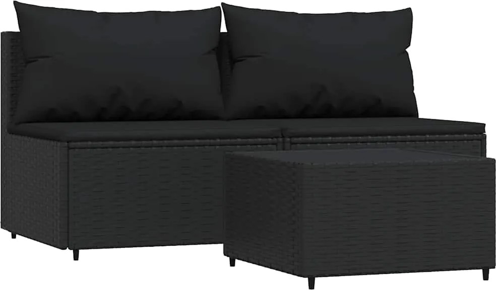vidaXL Set mobilier de grădină cu perne, 3 piese, negru, poliratan