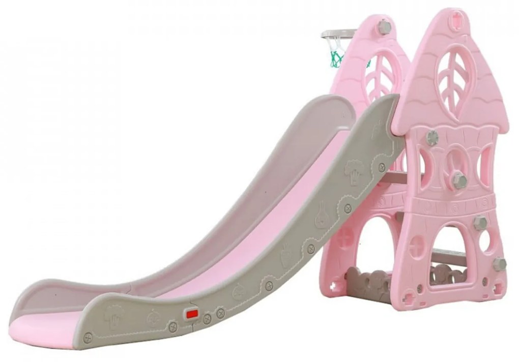 Tobogan Pentru Copii NOVOKIDS™ Jumbo Castle, Pentru Interior si Exterior, 185 cm panta alunecare, Maxim 50 Kg, Cos de baschet inclus, Castel, Roz