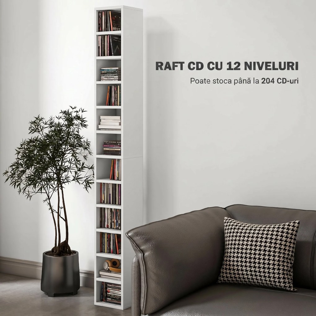 HOMCOM Raft Bibliotecă pentru CD-uri cu 12 rafturi, din MDF și panou aglomerat, 21x20x175 cm, Alb | Aosom Romania