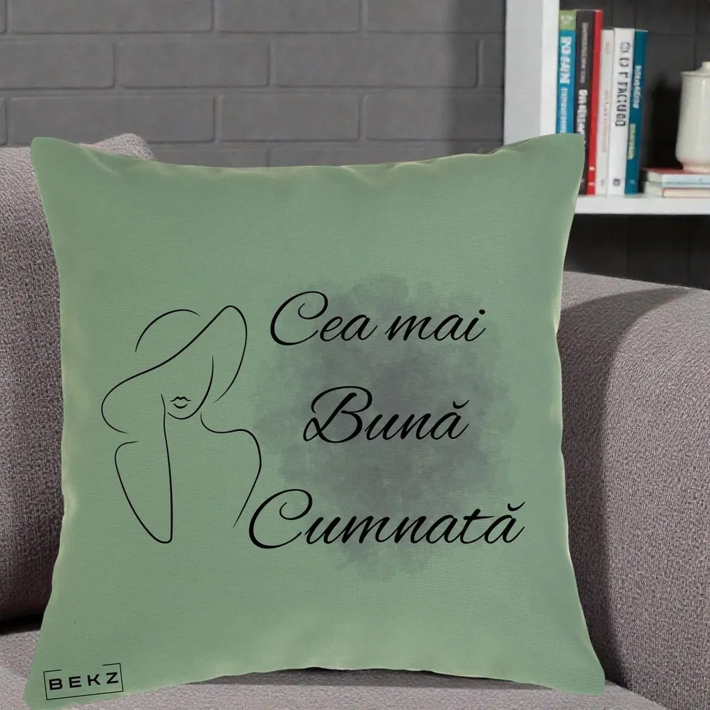 Cadou pentru Cumnata - Perna Personalizata Cea mai Buna Cumnata cu Silueta Dama si Pete Violet, 40x40 cm, Verde, Husa Detasabila, Perna Inclusa, BEKZ®