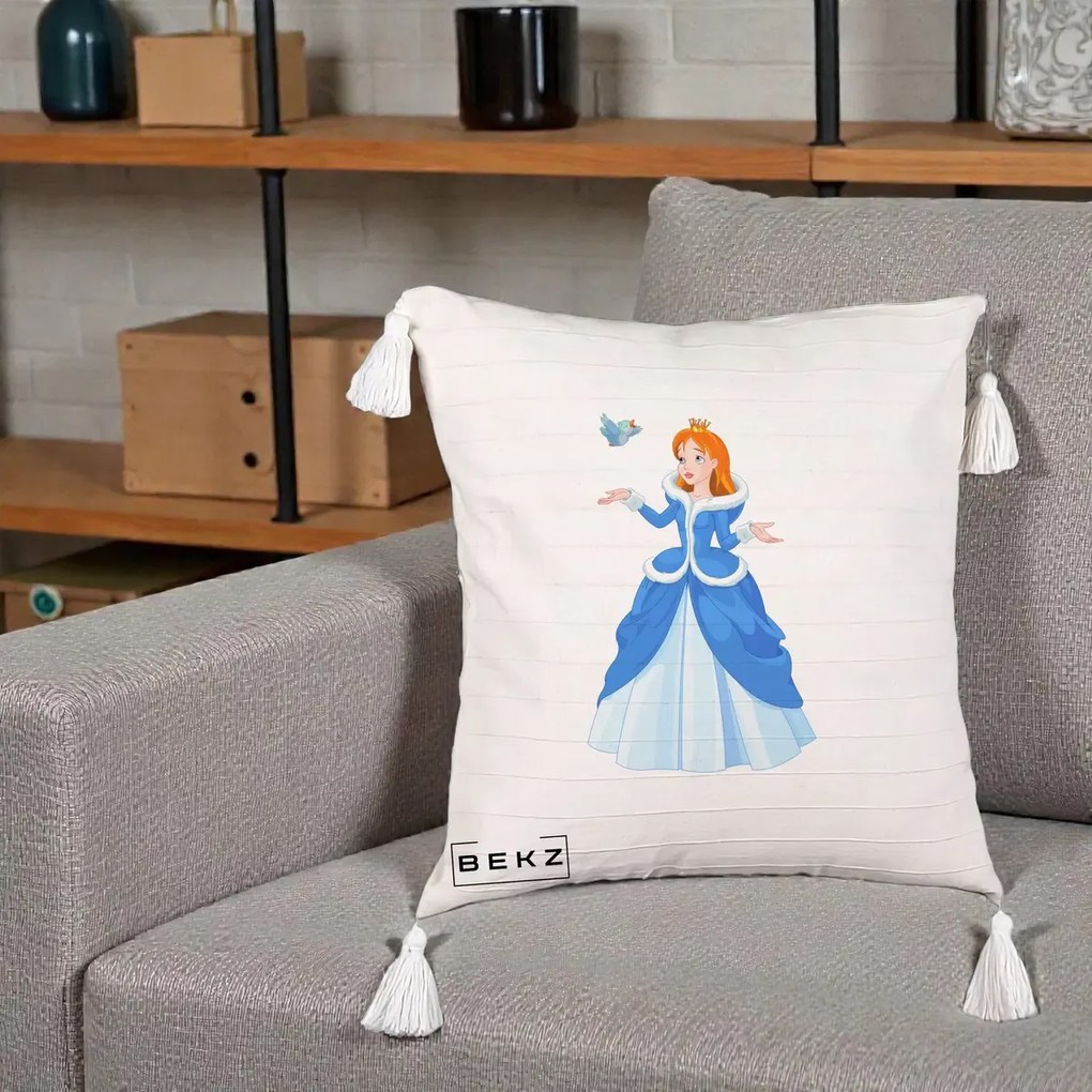 Perna Personalizata Printesa Albastra cu Pasare, 40x40 cm, Bej cu Franjuri, Husa Detasabila, Perna Inclusa, BEKZ®