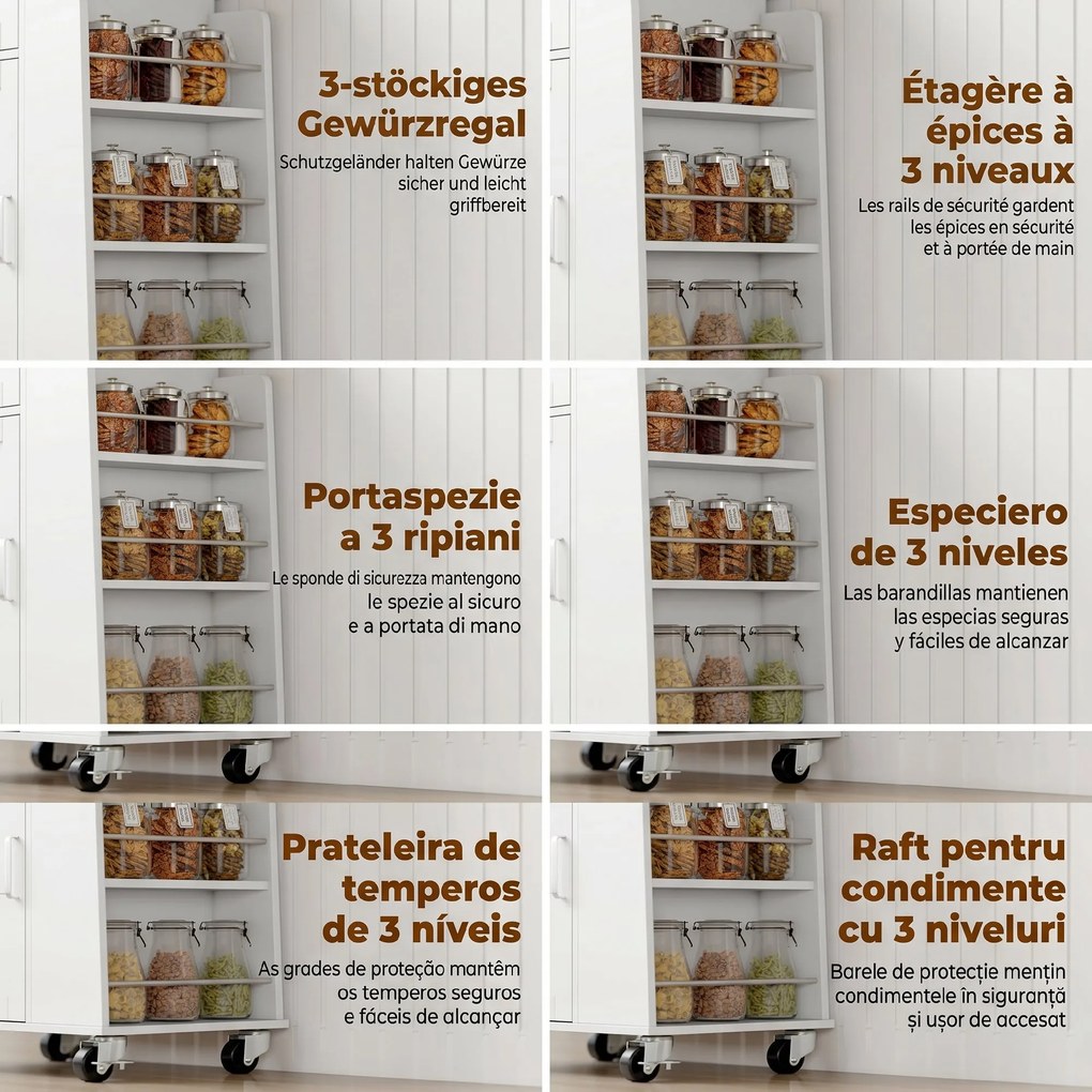 Cărucior de Bucătărie HOMCOM cu Sertar, Dulap, Suport pentru Prosoape și 3 Suporturi pentru Condimente, din Lemn, 62x40x87 cm, Alb | Aosom Romania