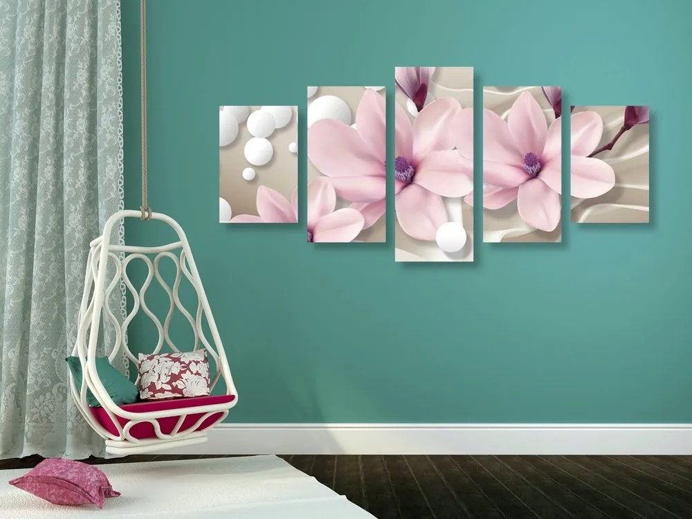 Tablou 5-piese magnolia pe un fundal abstract