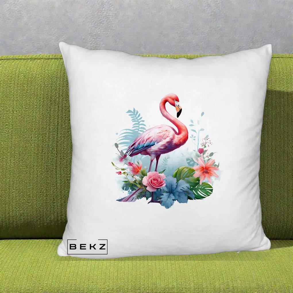 Perna Decorativa Flamingo cu Flori Tropicale Acuarela, 40x40 cm, Alb Pufos, Husa Detasabila, Perna Inclusa, BEKZ®