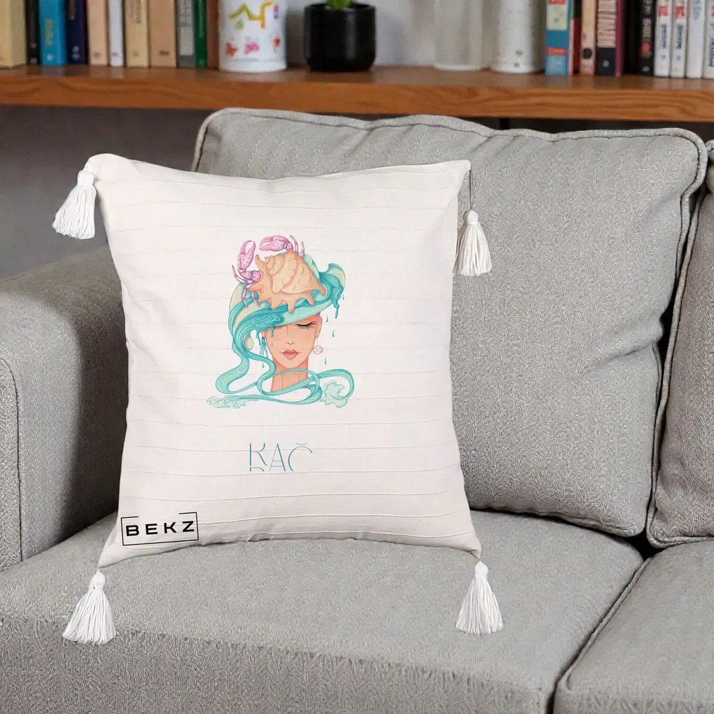 Perna Personalizata Zodie Rac, 40x40 cm, Bej cu Franjuri, Husa Detasabila, Perna Inclusa, BEKZ®