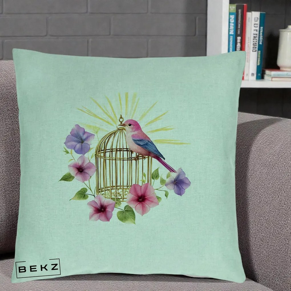 Perna Decorativa Pasare Roz pe Colivie Aurie cu Flori, 40x40 cm, Verde Menta, Husa Detasabila, Perna Inclusa, BEKZ®