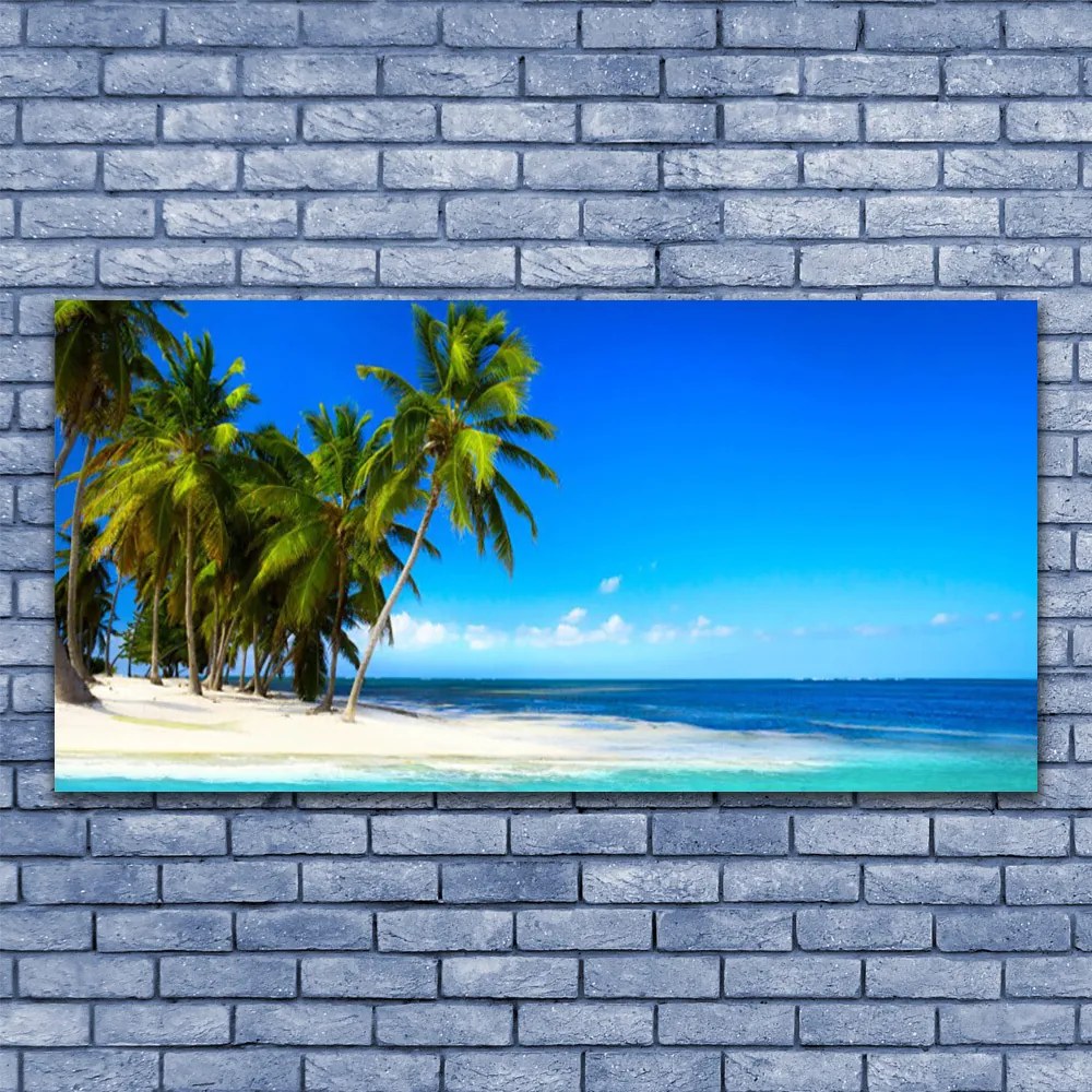 Tablouri acrilice Palm Trees Sea Beach Peisaj Alb Verde Albastru
