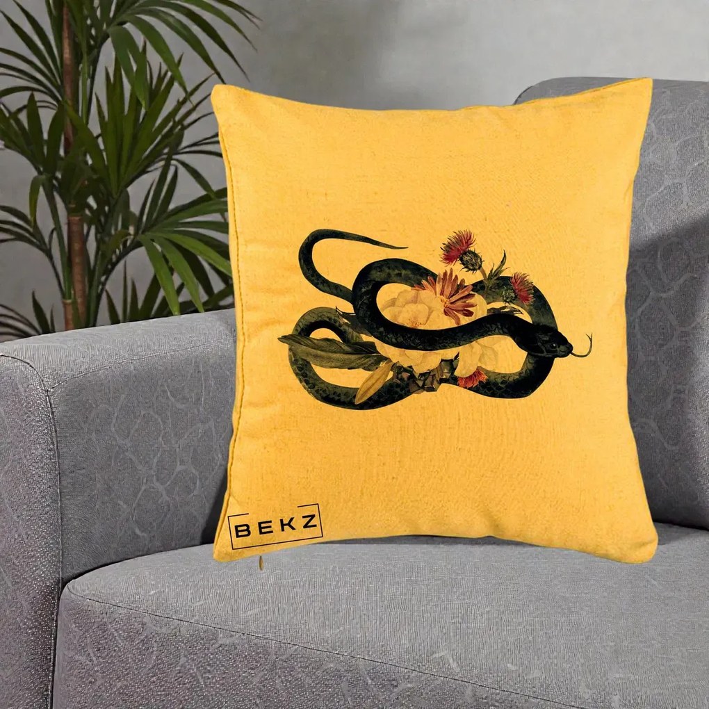 Perna Decorativa Sarpe Negru cu Flori Gothic, 40x40 cm, Galben, Husa Detasabila, Perna Inclusa, BEKZ®