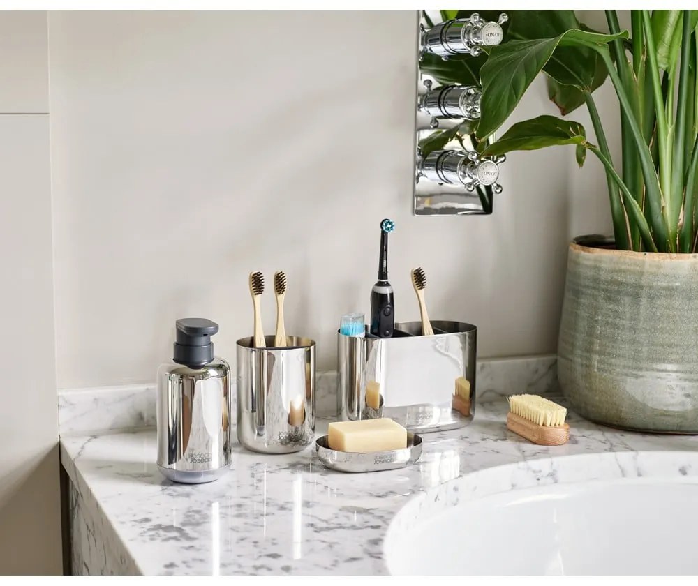 Suport pentru periuța de dinți argintiu lucios din oțel inoxidabil EasyStore Luxe – Joseph Joseph