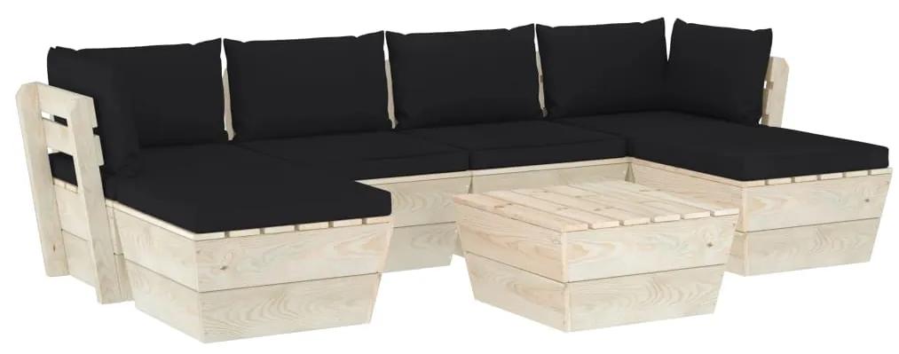 Set mobilier gradina din paleti cu perne, 7 piese, lemn molid Negru, 2x colt + 2x mijloc + masa + 2x suport pentru picioare, 1