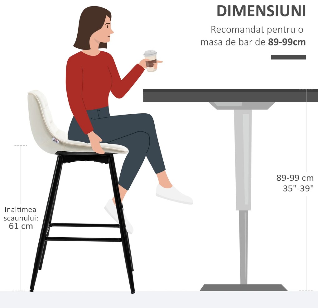 Set de 2 scaune de bar cu spatar, scaune inalte tapitate, stil nordic HOMCOM | Aosom Romania
