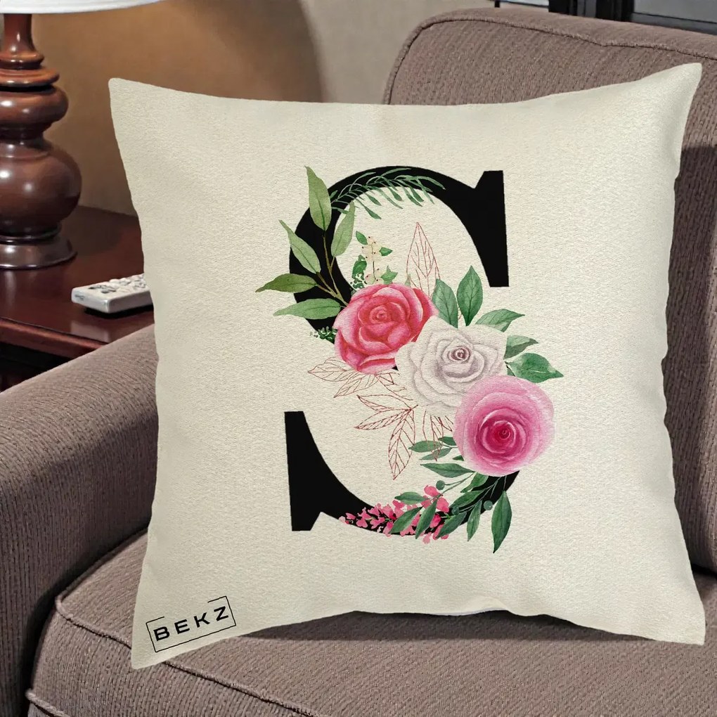 Cadou Personalizat - Perna Personalizata Monograma Florala Litera S, 40x40 cm, Ecru, Husa Detasabila, Perna Inclusa, BEKZ®