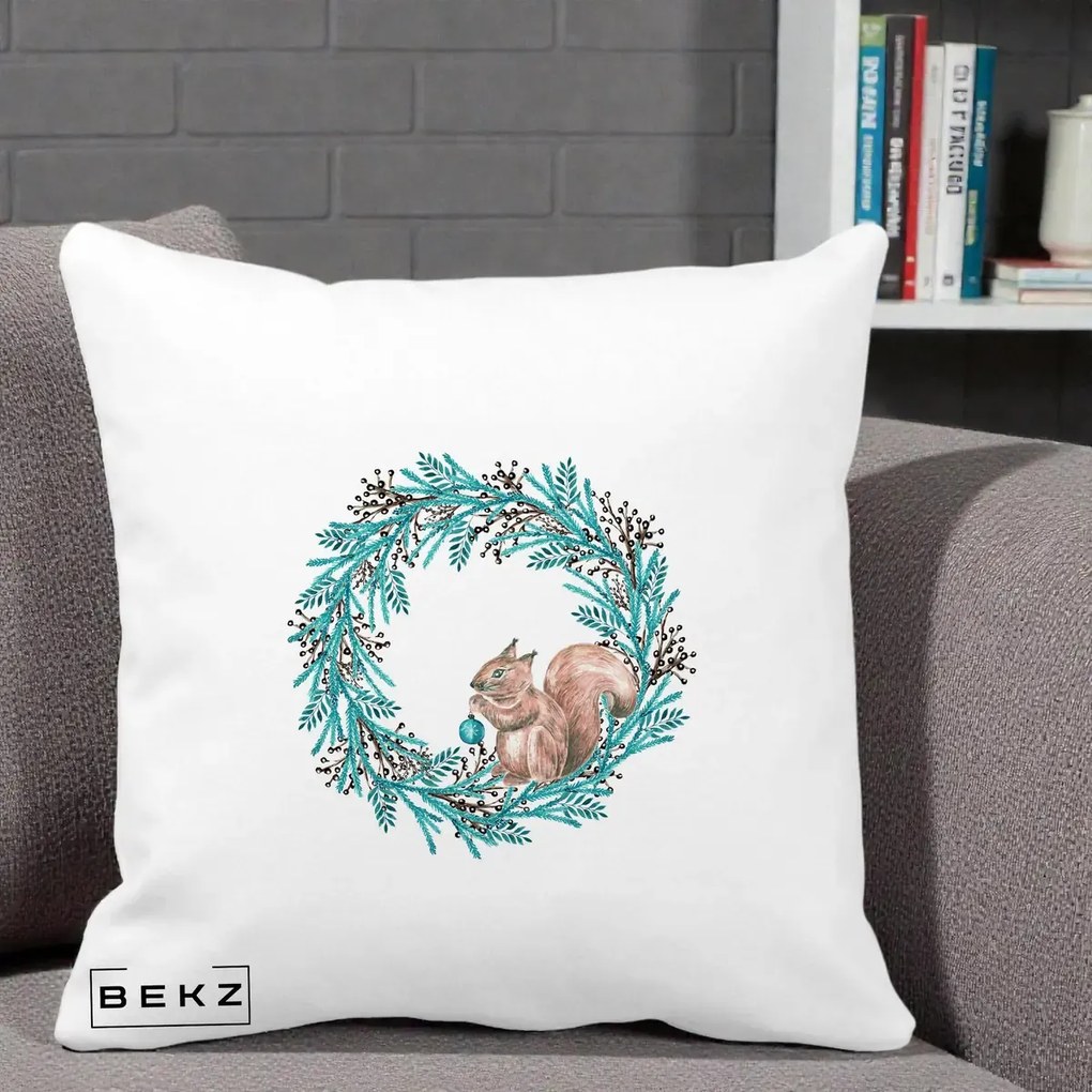 Perna Decorativa Coroana Turcoaz cu Veverita, 40x40 cm, Alba Mata, Husa Detasabila, Perna Inclusa, BEKZ®