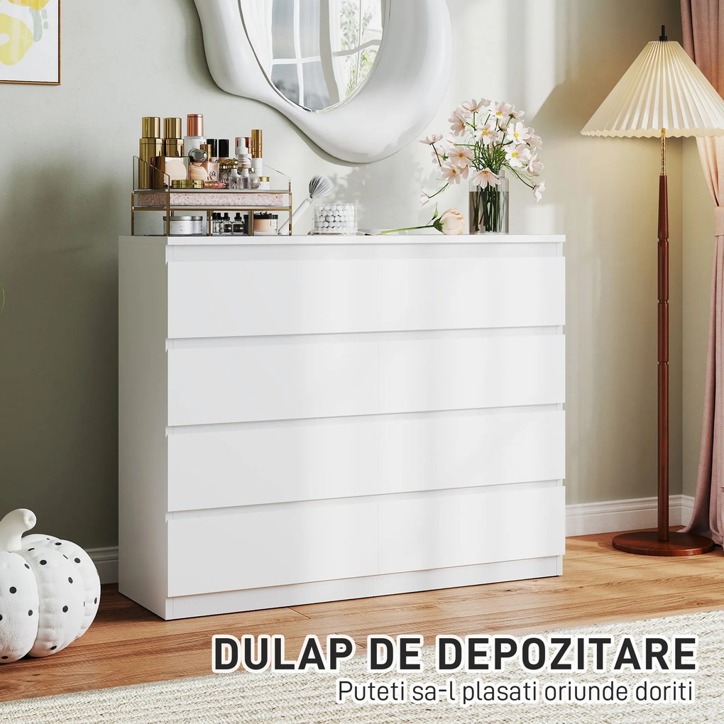 HOMCOM Comodă 8 Sertare cu Mânere Canelate 120x39x100 cm Alb | Aosom Romania