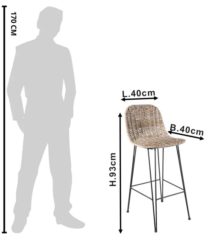 Scaun bar din rachită și metal, 40x40x93 cm, stil Country Chic