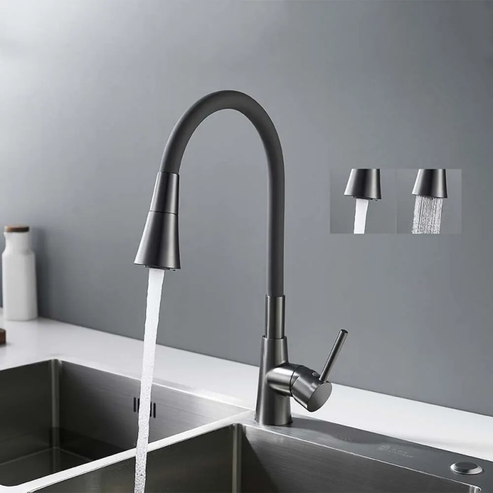 Baterie bucatarie cu pipa flexibila Inter Ceramic finisaj Gun Grey cu 2 functii