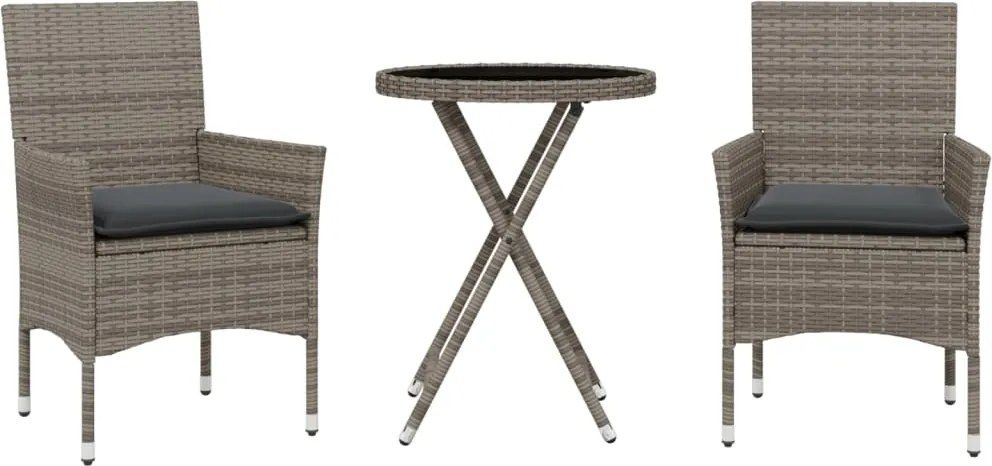 vidaXL Set bistro cu perne, 3 piese, gri, poliratan și sticlă