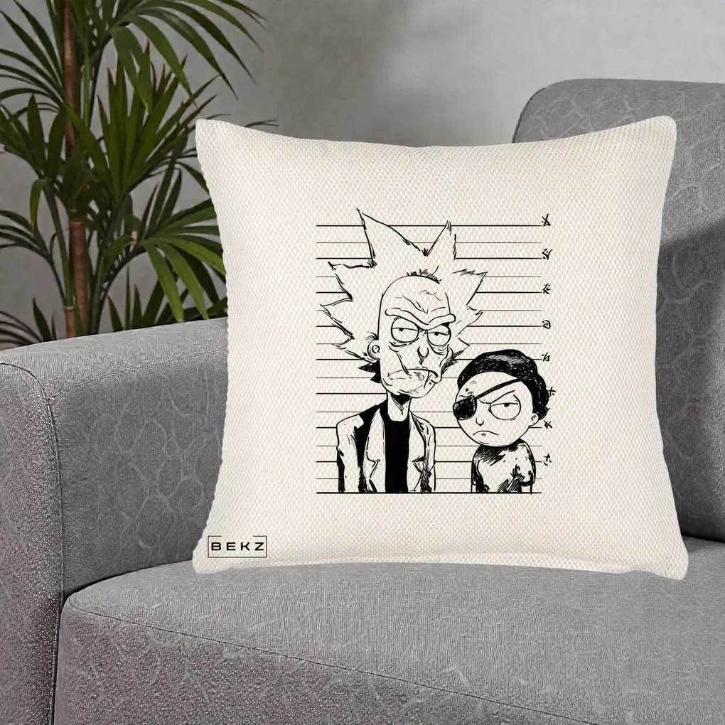 Perna Personalizata Rick si Morty Dosar, 40x40 cm, Crem Reliefat, Husa Detasabila, Perna Inclusa, BEKZ®