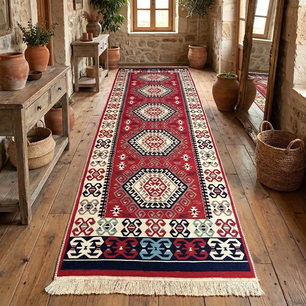 Traversa hol tesuta traditional, 80x300 cm, 2 fete, mozaic rustic, rosu