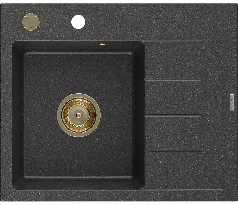 Mexen Ben chiuvetă de granit cu 1 compartiment și scurgător, stânga, 600 x 500 mm, negru cu pete, sifon auriu