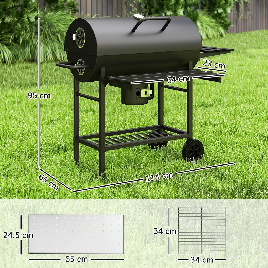 Outsunny Grătar pe cărbuni din oțel BBQ Smoker cu capac mânere termometru roți mobil 114 x 65 x 95 cm | Aosom Romania