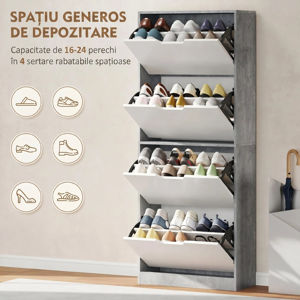 HOMCOM Scarpieră Economisitoare de Spațiu Modernă cu 4 Ante pentru 16 Perechi de Pantofi, 62.5x26x156 cm, Gri Ciment | Aosom Romania